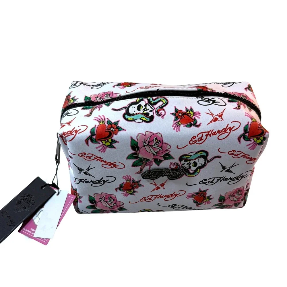 Ed Hardy Cosmetic Bag Womens White Tattoo Print‎ Skull Rose Y2K Travel Bag NWT